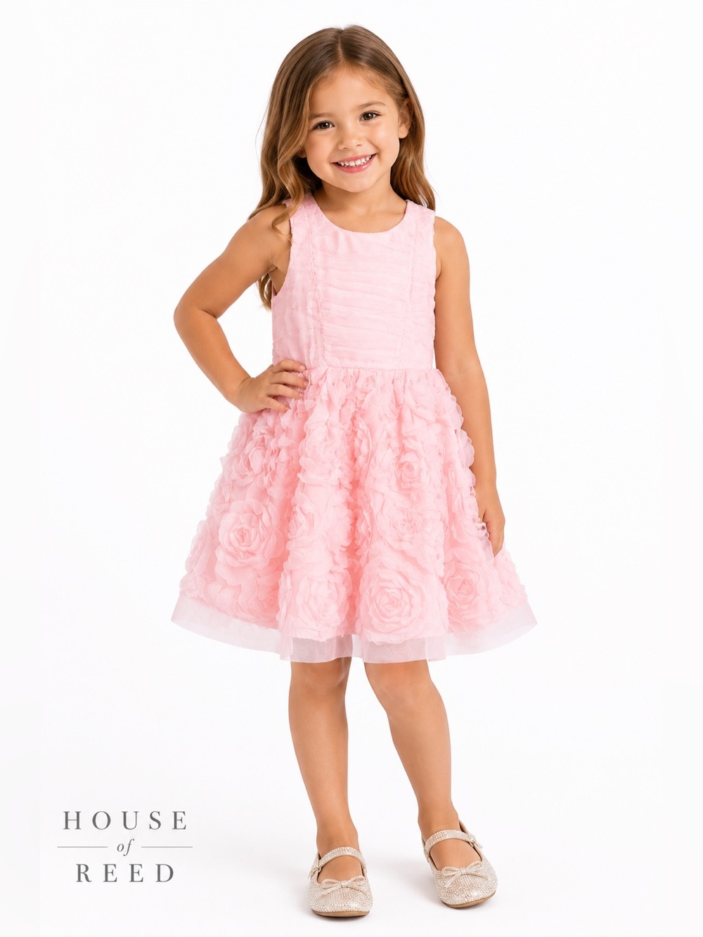 Nannette Girls Pink Rosette Party Dress Size 5Y Sleeveless Floral Tulle Occasion